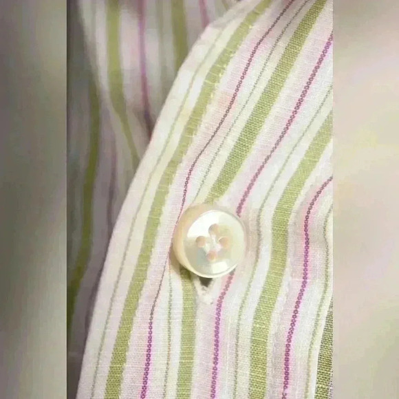 BARBA NAPOLI White Green Pink Stripe Slub Cotton  Dress Shirt 16 Medium Italy - Picture 9 of 11